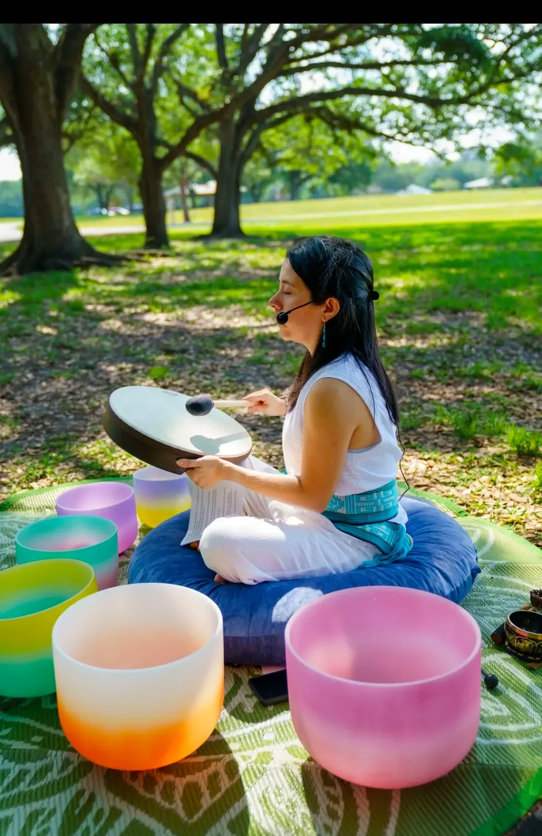 Lakeside sound healing setup